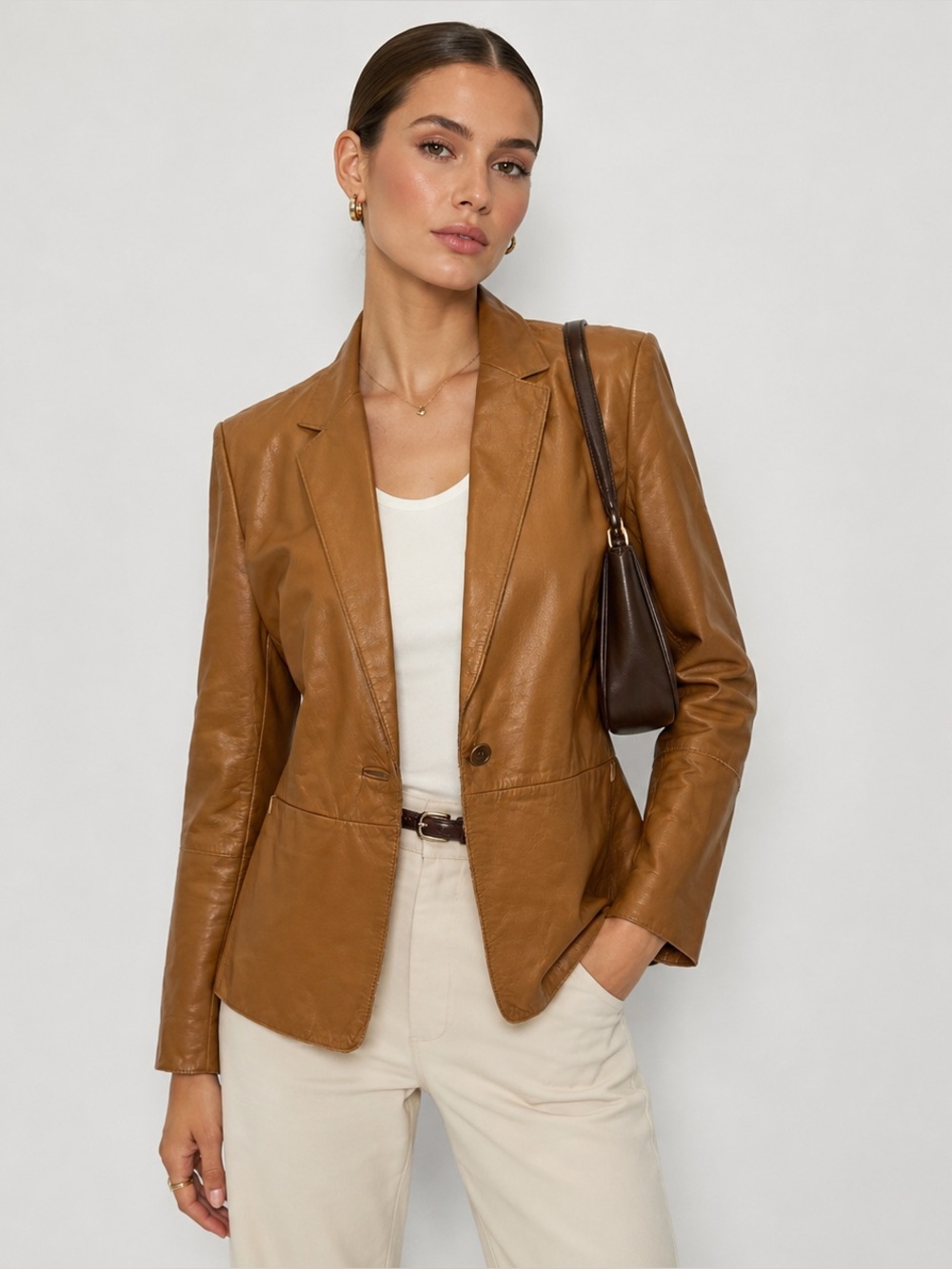 Vintage Kenneth Cole Leather Jacket Blazer Small Camel Brown Y2K Minimal Chic
